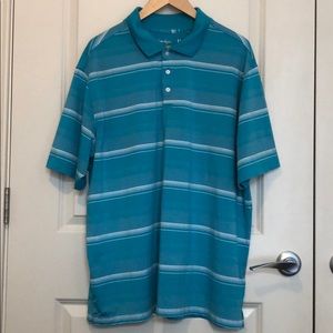 Teal and white striped short sleeve golf polo